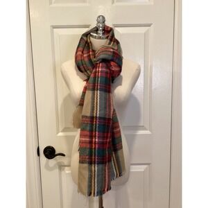 Zara Plaid Blanket Scarf Red Green Tan Fringe Cozy Winter Wrap